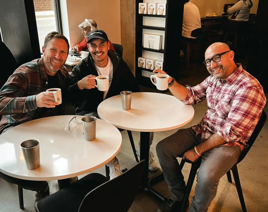 Andy and Miguel having coffee with Jhonny Alvarado