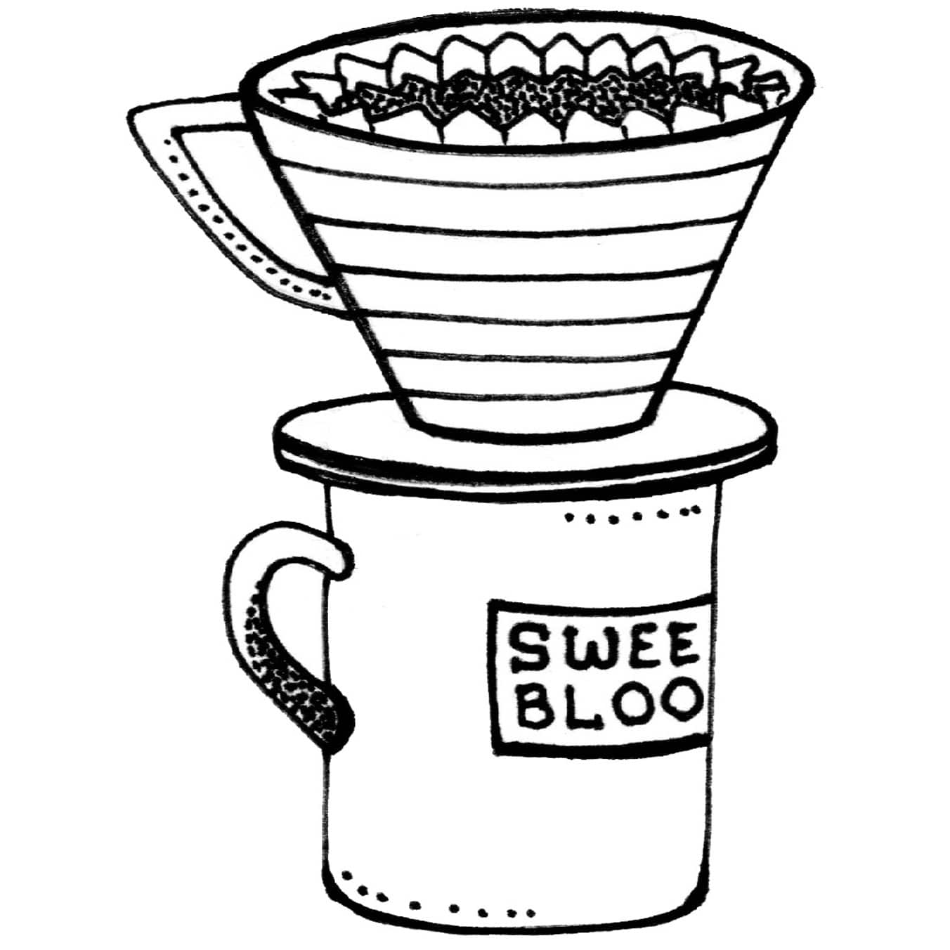 Illustration of a kalita wave atop a Sweet Bloom mug